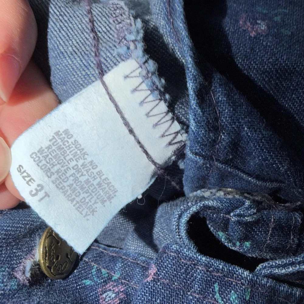 Vintage OshKosh B'gosh Bib Overalls Girls 3T Blue Denim Floral Print USA Rare
